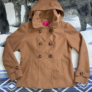 Women’s Pink Envelope Hooded Pea Coat In Camel Size XL